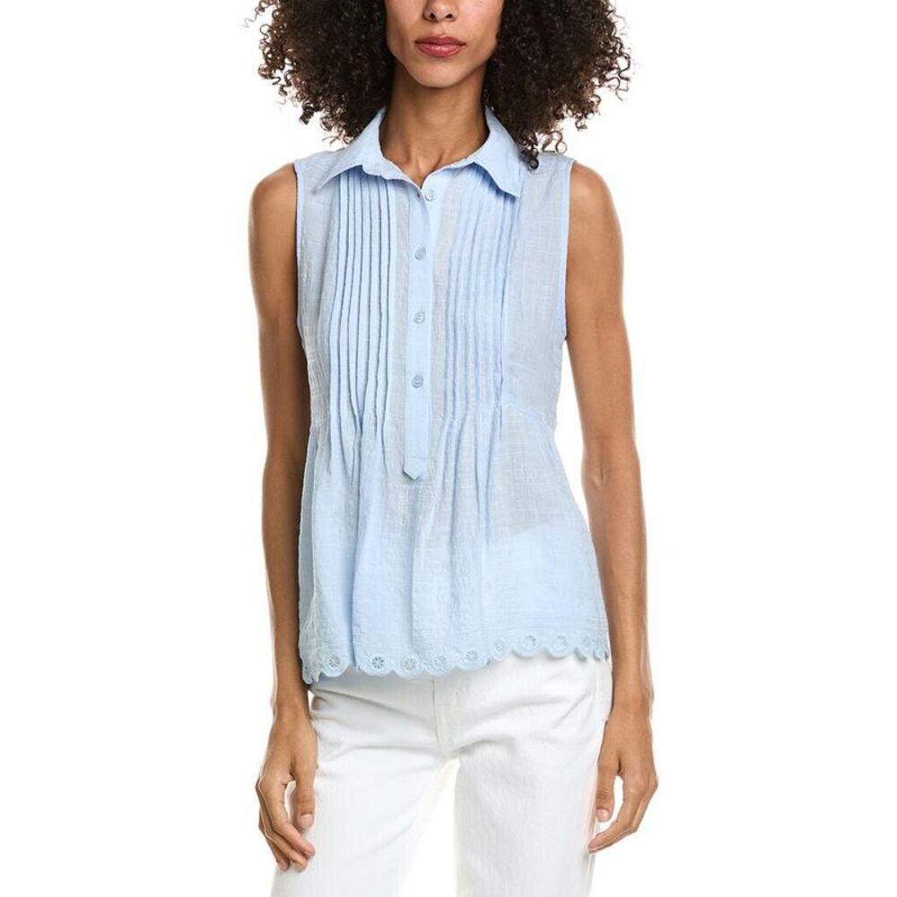 Max Studio Womens Scallop Edge Half Placket Blouse, Blue